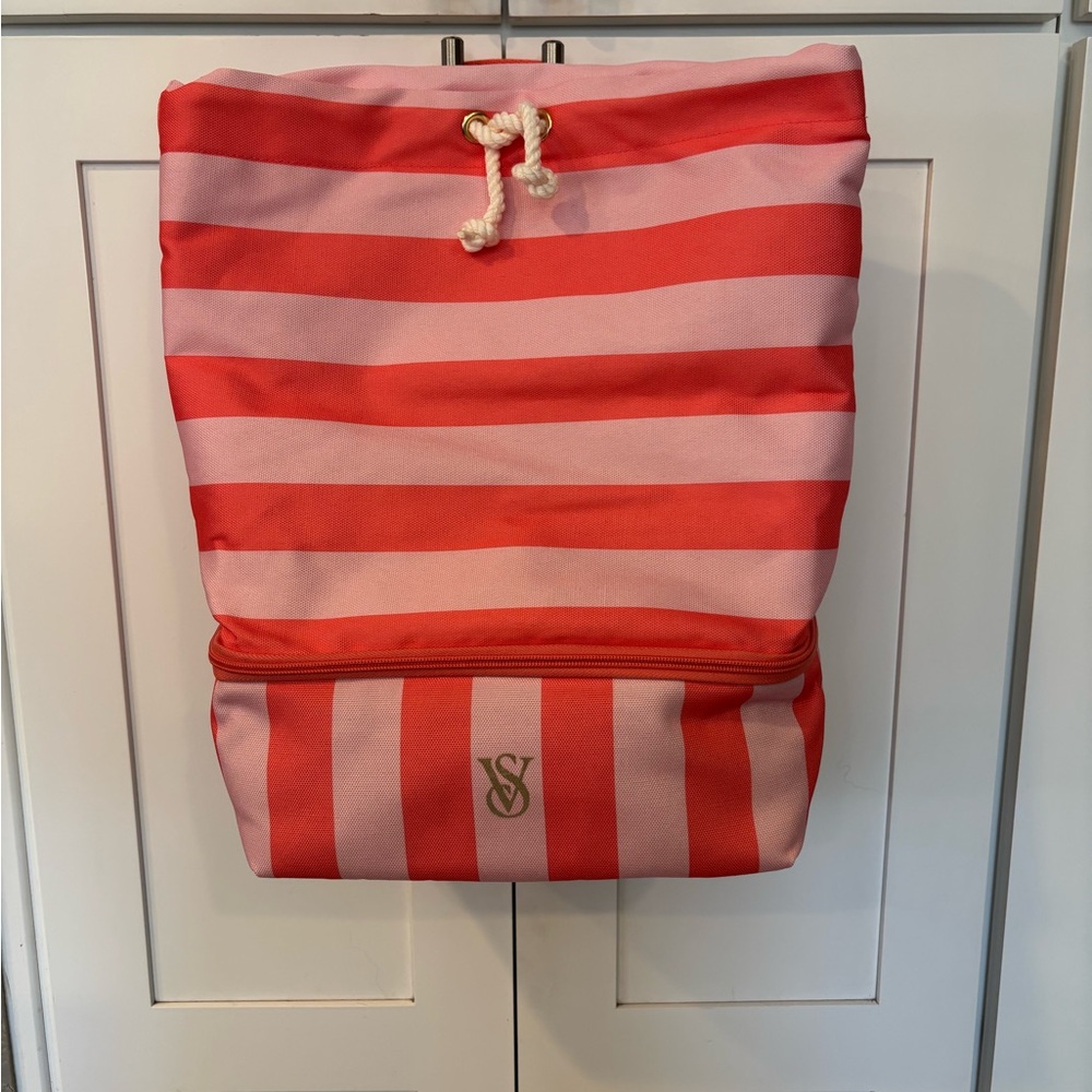 Victoria's Secret Red and Pink Striped Backpack cooler